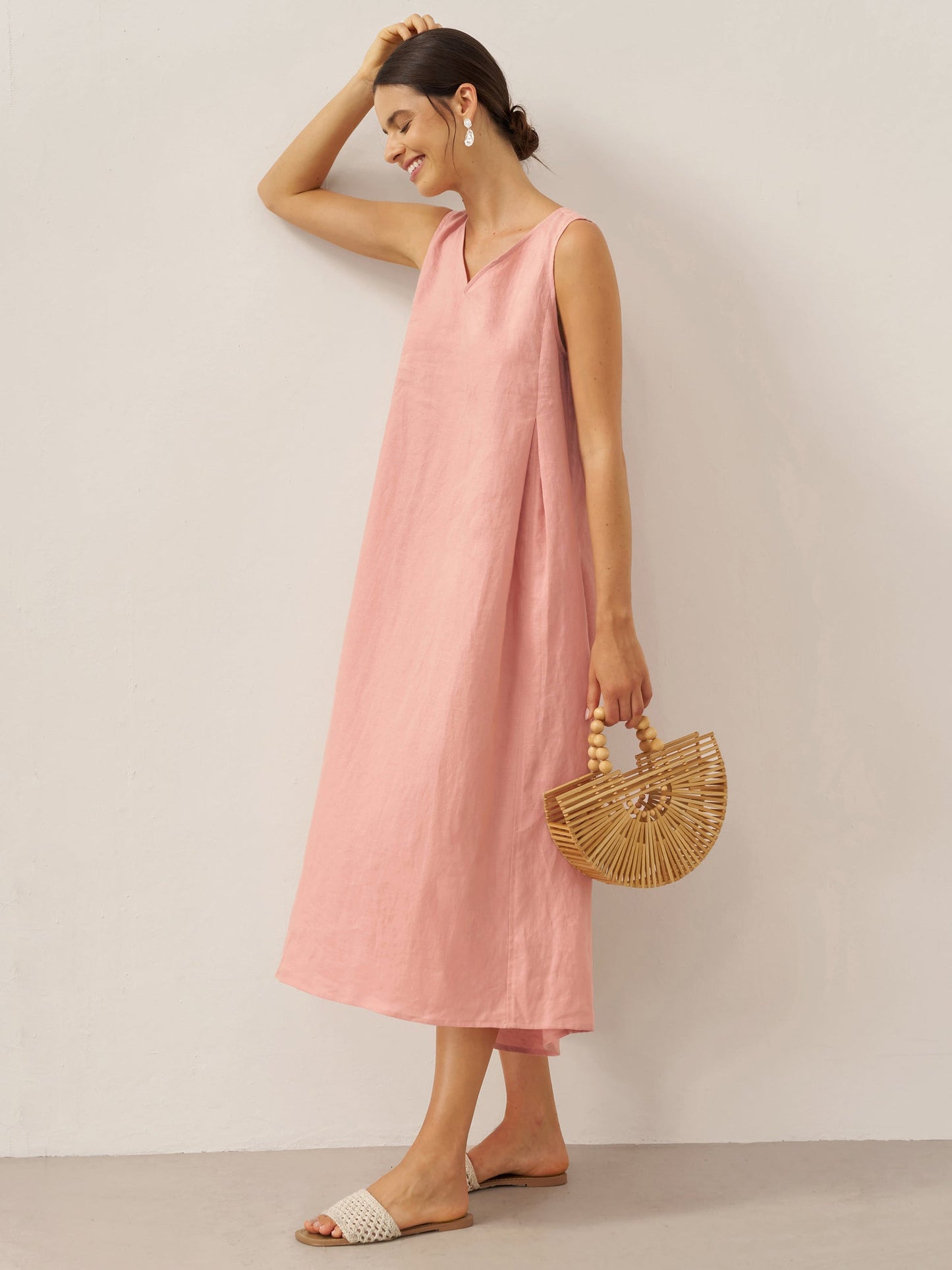 Vestido midi de lino sin mangas con cuello en V para mujer-Midi Dress-Casaluzia