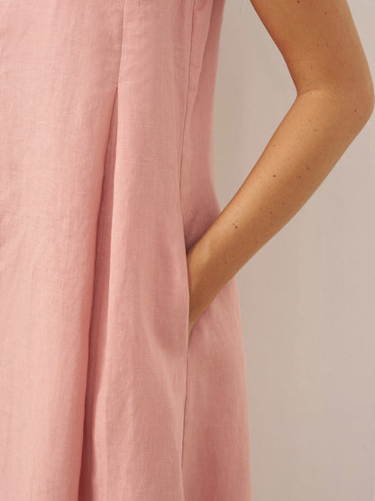 Vestido midi de lino sin mangas con cuello en V para mujer-Midi Dress-Casaluzia