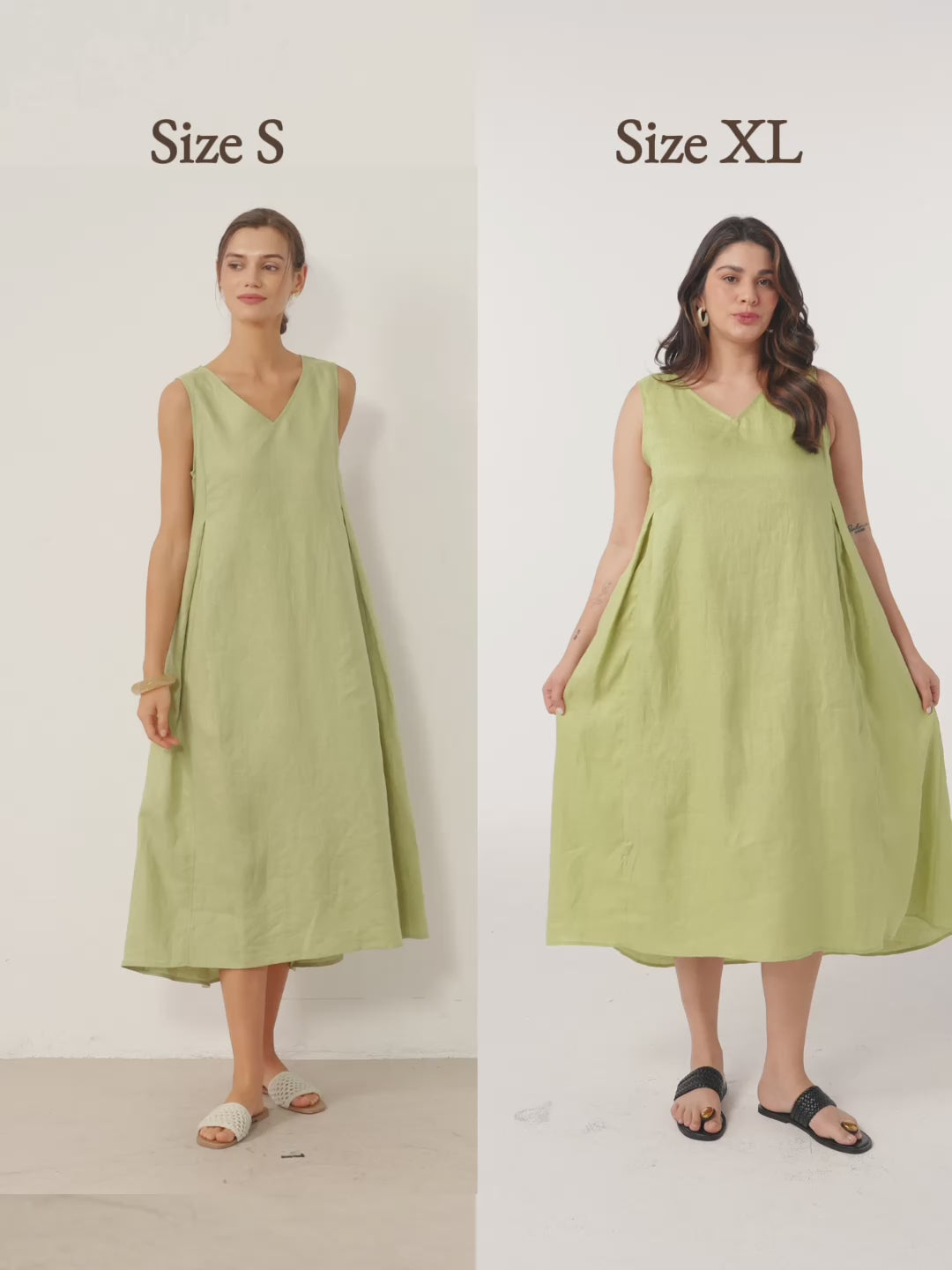 Vestido midi de lino sin mangas con cuello en V para mujer-Midi Dress-Casaluzia