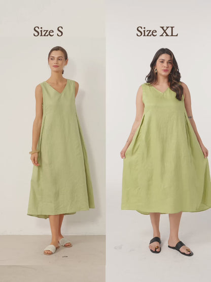 Vestido midi de lino sin mangas con cuello en V para mujer-Midi Dress-Casaluzia
