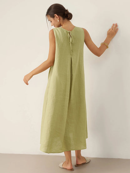 Vestido midi de lino sin mangas con cuello en V para mujer-Midi Dress-Casaluzia