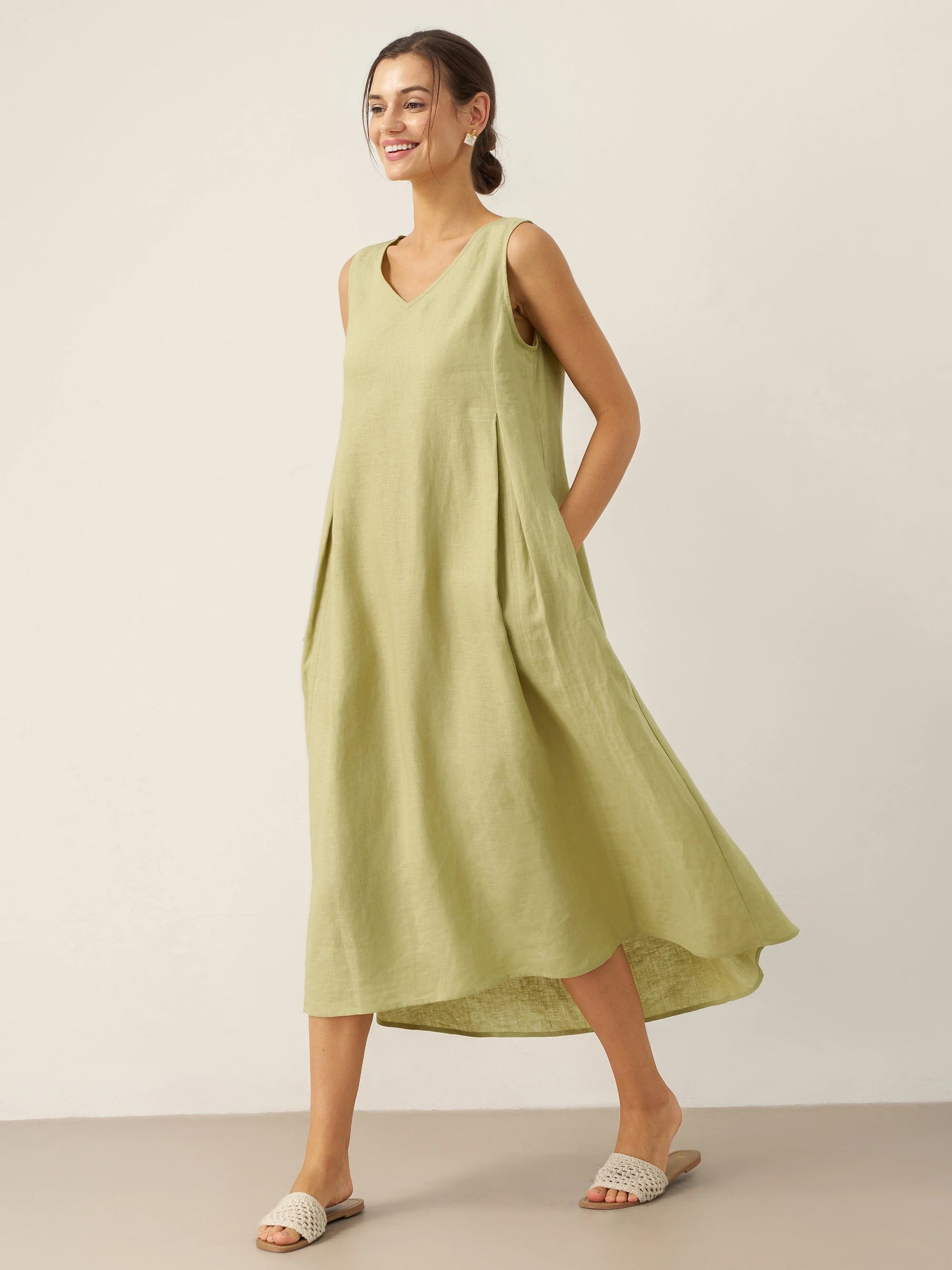 Vestido midi de lino sin mangas con cuello en V para mujer-Midi Dress-Casaluzia