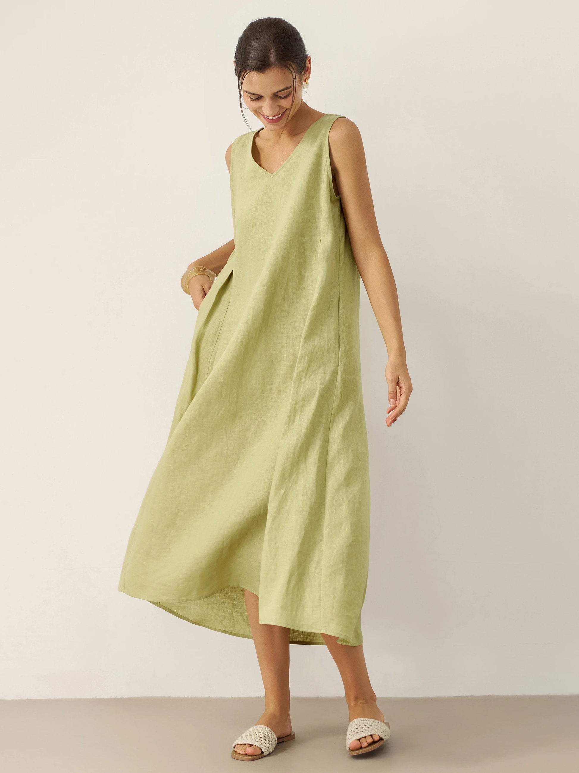 Vestido midi de lino sin mangas con cuello en V para mujer-Midi Dress-Casaluzia
