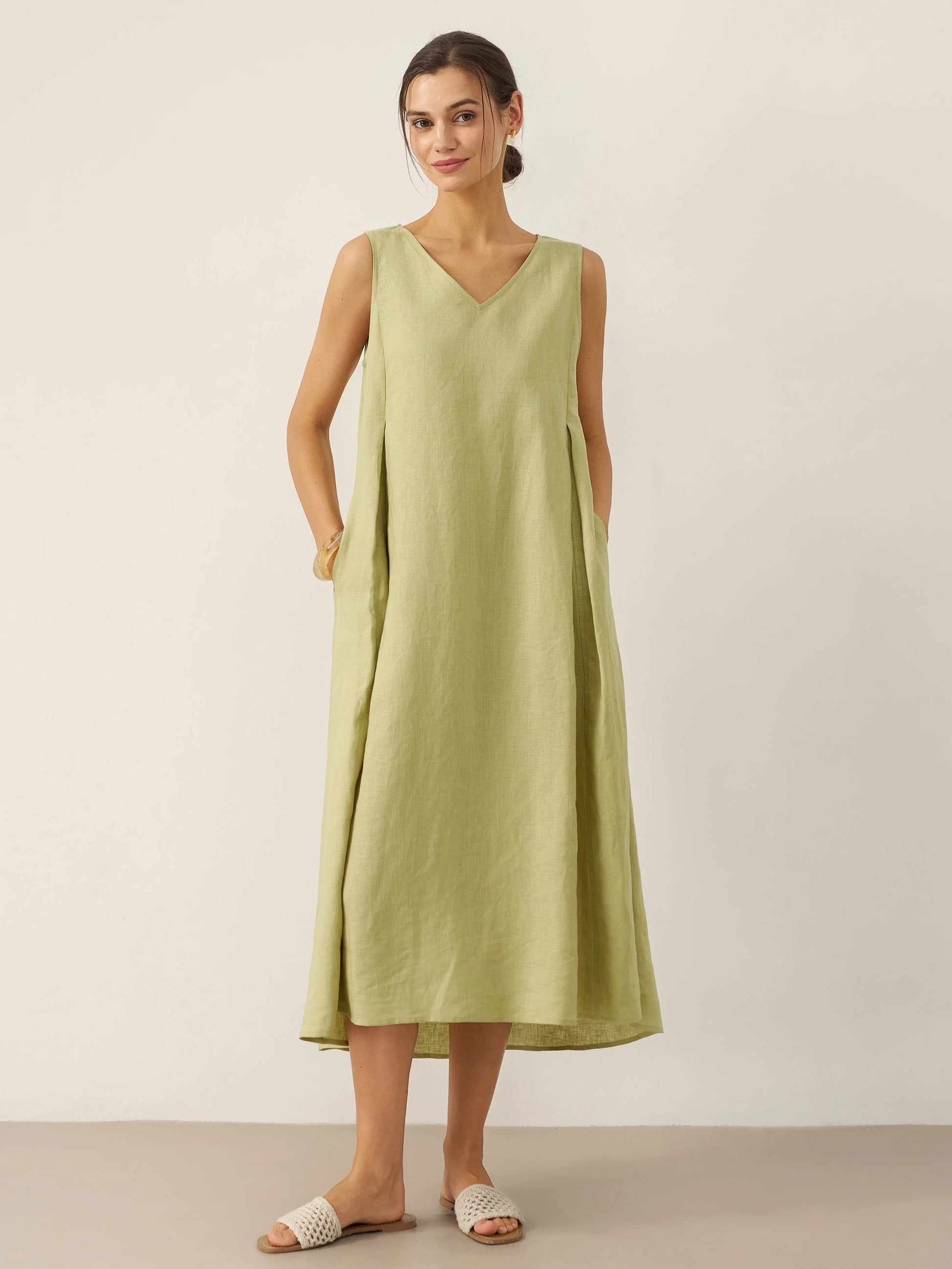 Vestido midi de lino sin mangas con cuello en V para mujer-Midi Dress-Casaluzia