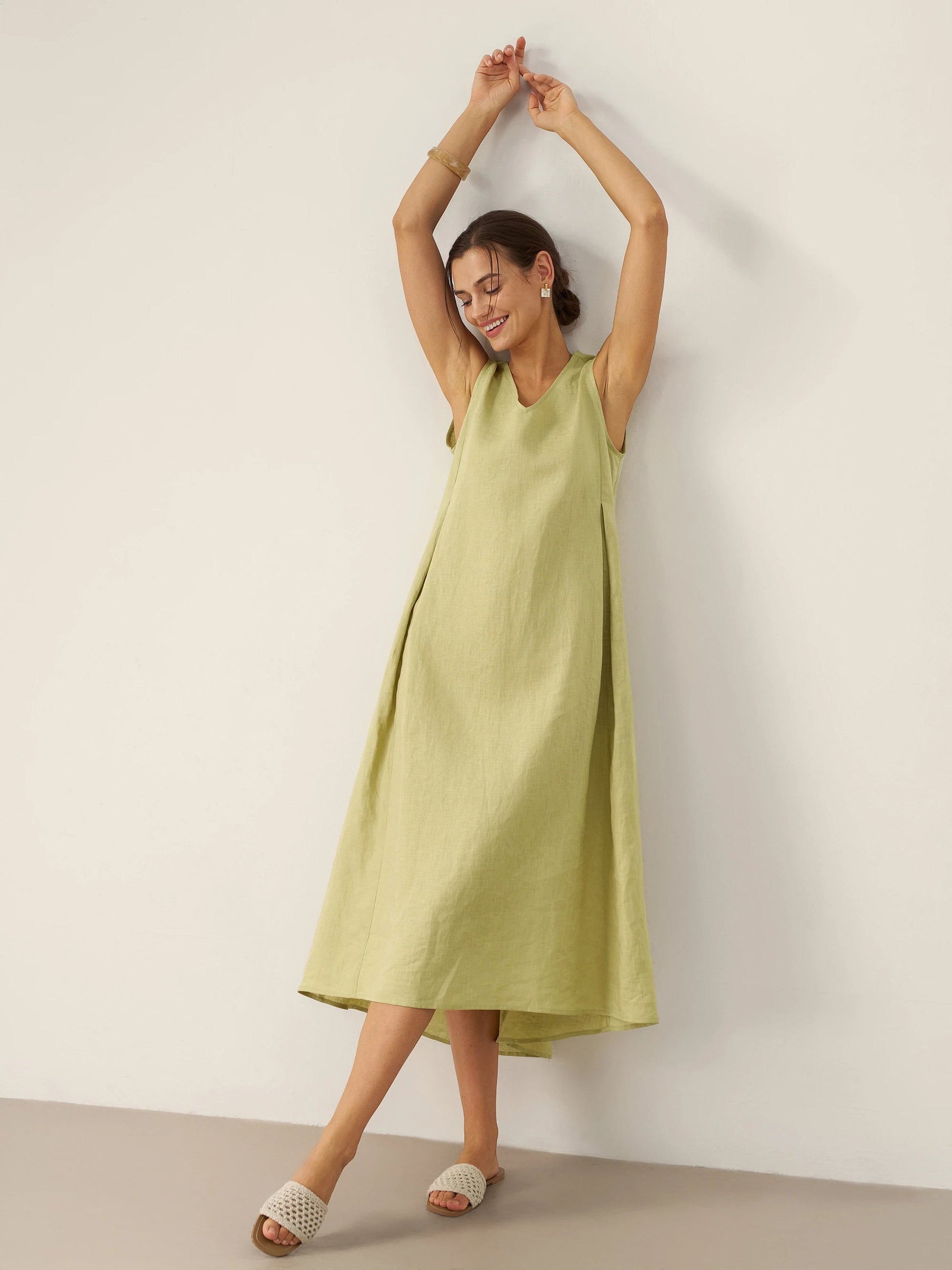 Vestido midi de lino sin mangas con cuello en V para mujer-Midi Dress-Casaluzia