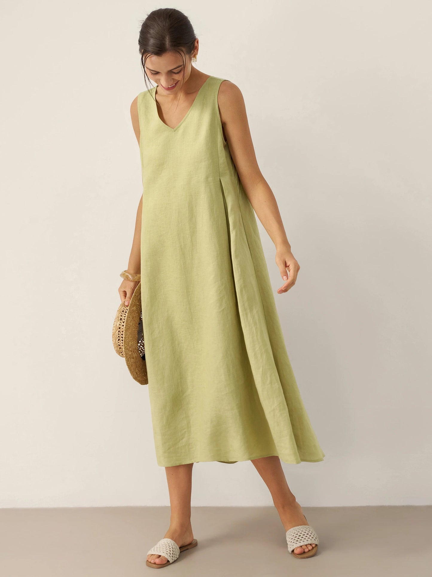 Vestido midi de lino sin mangas con cuello en V para mujer-Midi Dress-Casaluzia