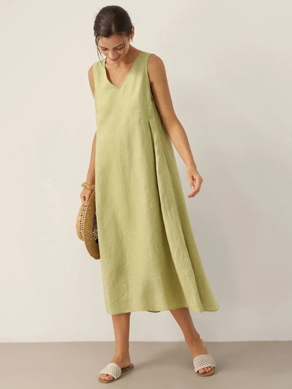 Vestido midi de lino sin mangas con cuello en V para mujer-Midi Dress-Casaluzia