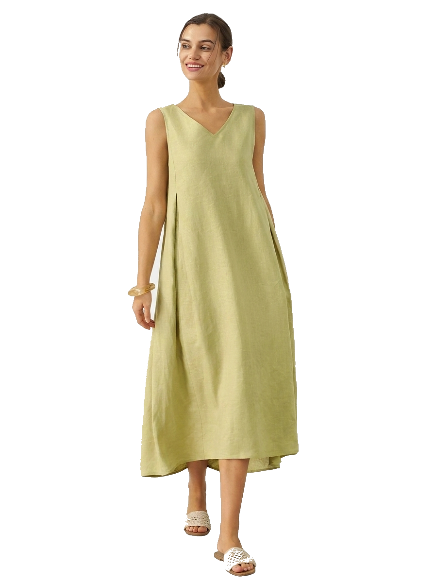 Vestido midi de lino sin mangas con cuello en V para mujer-Midi Dress-Casaluzia