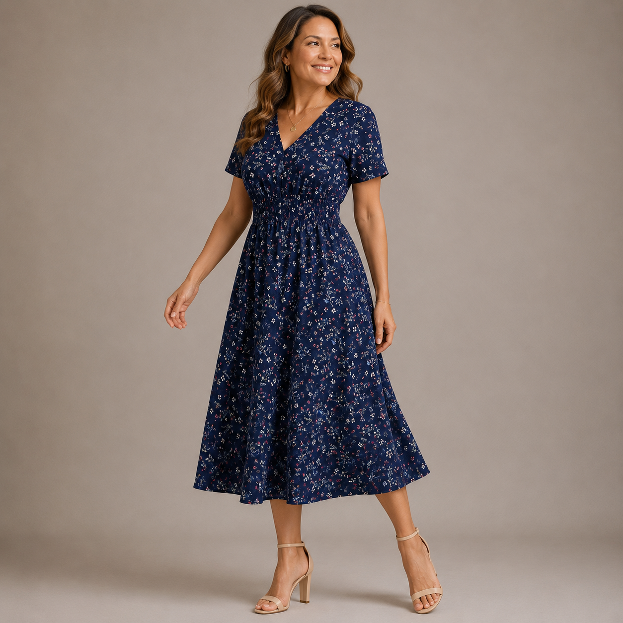 Vestido midi de lunares con nido de abeja para mujer-Midi Dress-Casaluzia