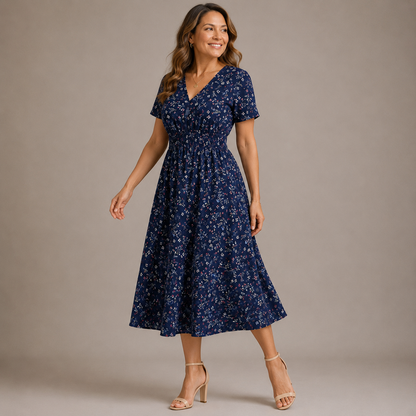Vestido midi de lunares con nido de abeja para mujer-Midi Dress-Casaluzia
