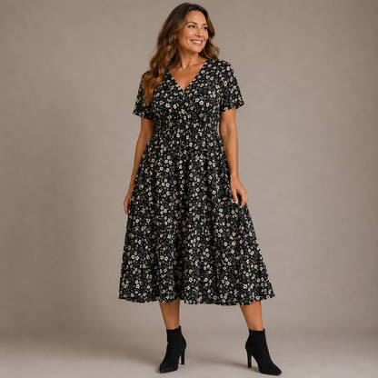 Vestido midi de lunares con nido de abeja para mujer-Midi Dress-Casaluzia