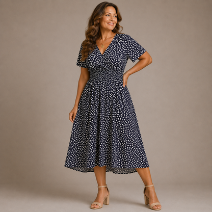 Vestido midi de lunares con nido de abeja para mujer-Midi Dress-Casaluzia
