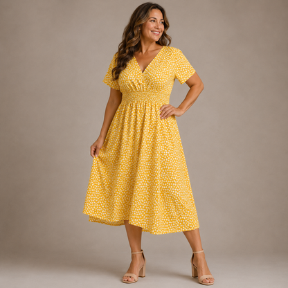 Vestido midi de lunares con nido de abeja para mujer-Midi Dress-Casaluzia