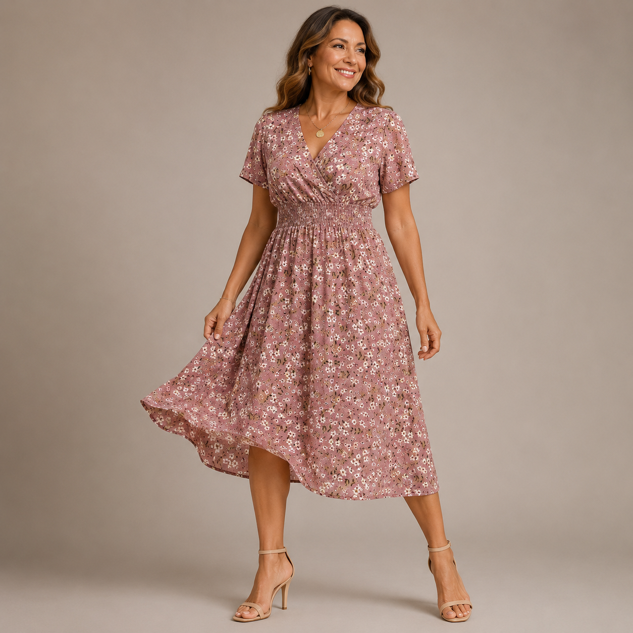 Vestido midi de lunares con nido de abeja para mujer-Midi Dress-Casaluzia