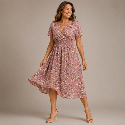 Vestido midi de lunares con nido de abeja para mujer-Midi Dress-Casaluzia
