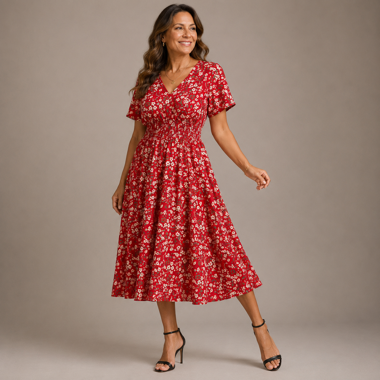 Vestido midi de lunares con nido de abeja para mujer-Midi Dress-Casaluzia
