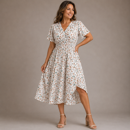 Vestido midi de lunares con nido de abeja para mujer-Midi Dress-Casaluzia