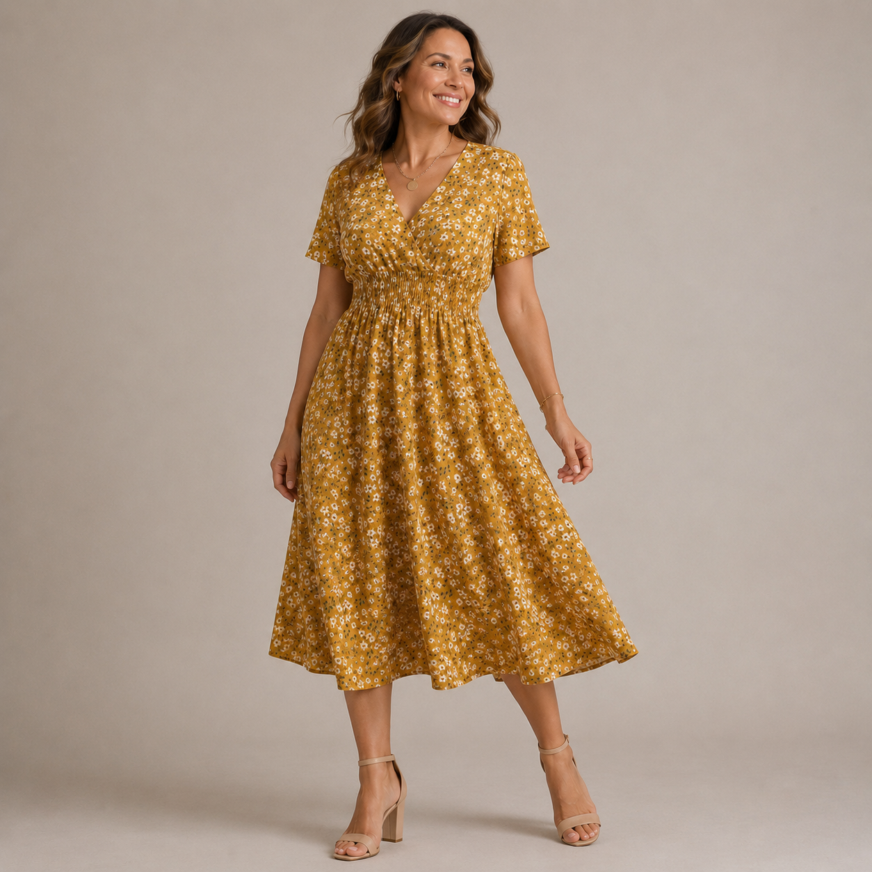 Vestido midi de lunares con nido de abeja para mujer-Midi Dress-Casaluzia
