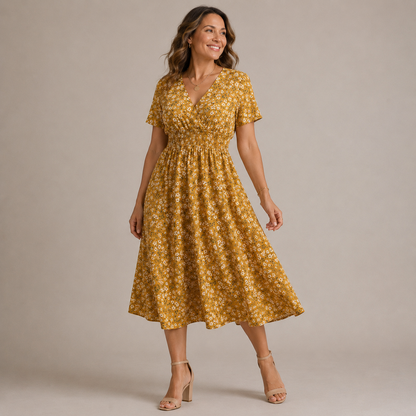 Vestido midi de lunares con nido de abeja para mujer-Midi Dress-Casaluzia