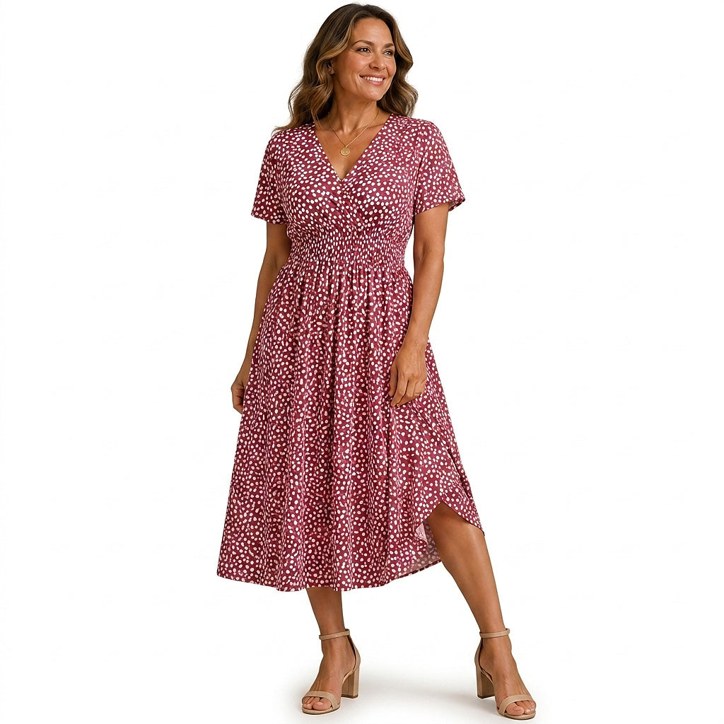 Vestido midi de lunares con nido de abeja para mujer-Midi Dress-Casaluzia
