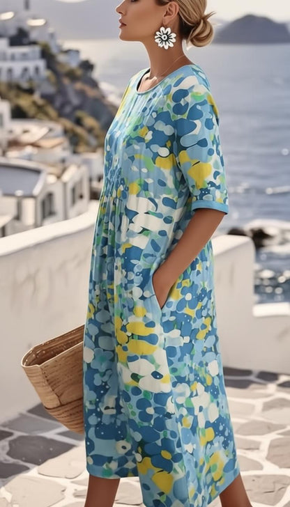 Vestido midi de manga corta con estampado floral abstracto para mujer-Midi Dress-Casaluzia