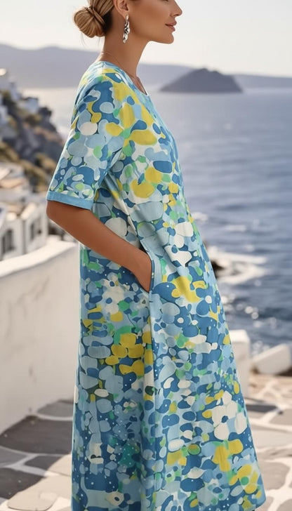 Vestido midi de manga corta con estampado floral abstracto para mujer-Midi Dress-Casaluzia