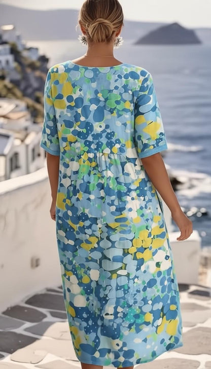 Vestido midi de manga corta con estampado floral abstracto para mujer-Midi Dress-Casaluzia
