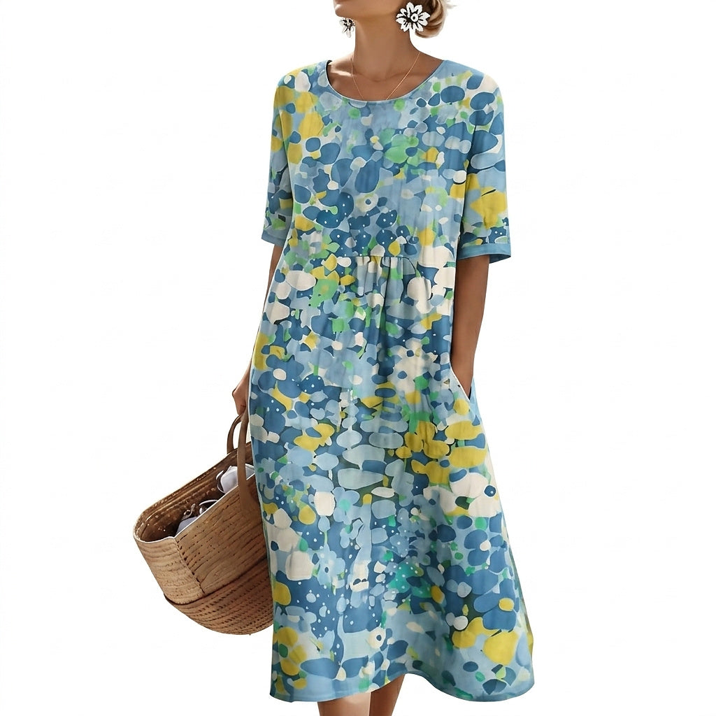 Vestido midi de manga corta con estampado floral abstracto para mujer-Midi Dress-Casaluzia