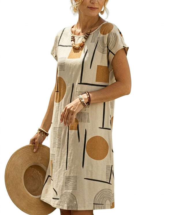 Vestido midi de manga corta con estampado geométrico para mujer-Midi Dress-Casaluzia