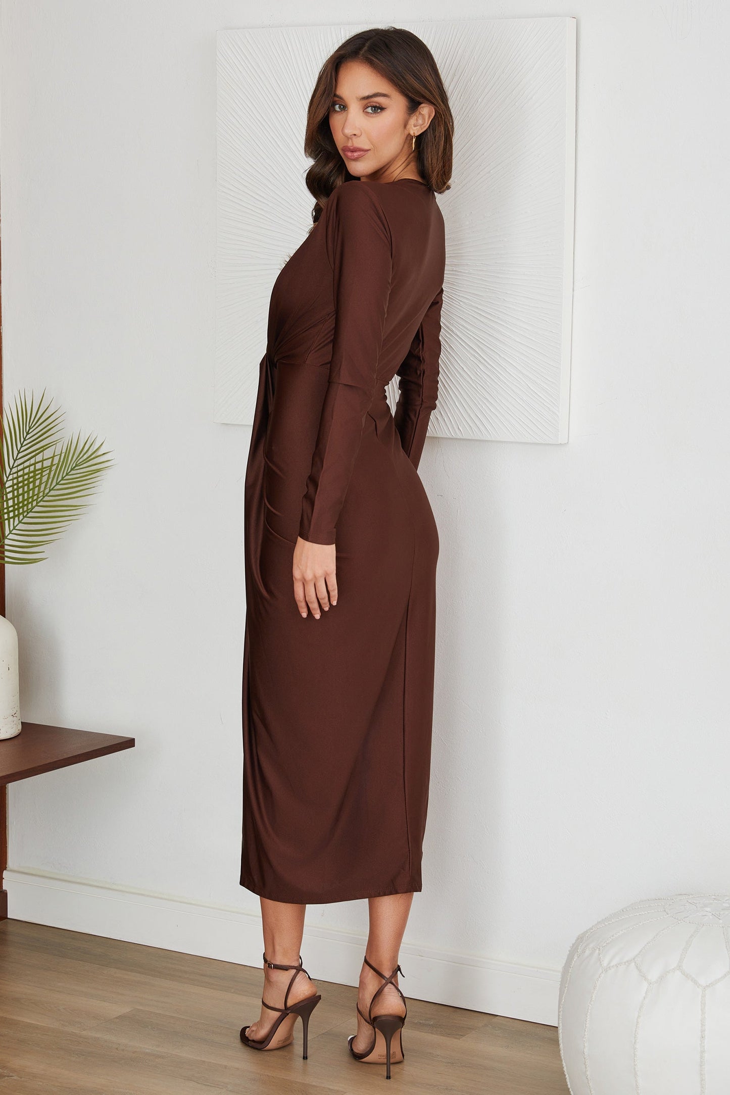 Vestido midi de manga larga con nudo frontal para mujer-Midi Dress-Casaluzia