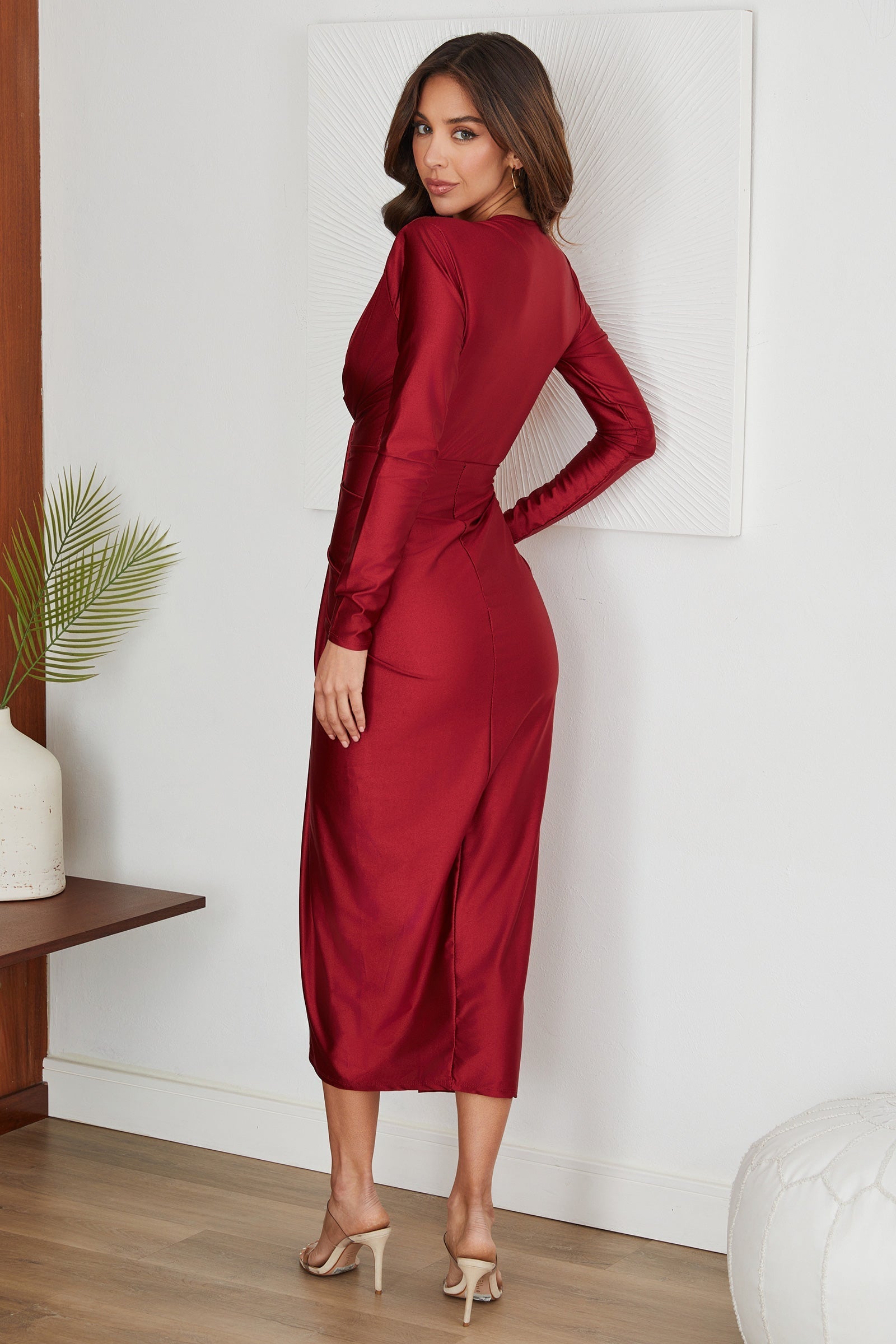 Vestido midi de manga larga con nudo frontal para mujer-Midi Dress-Casaluzia