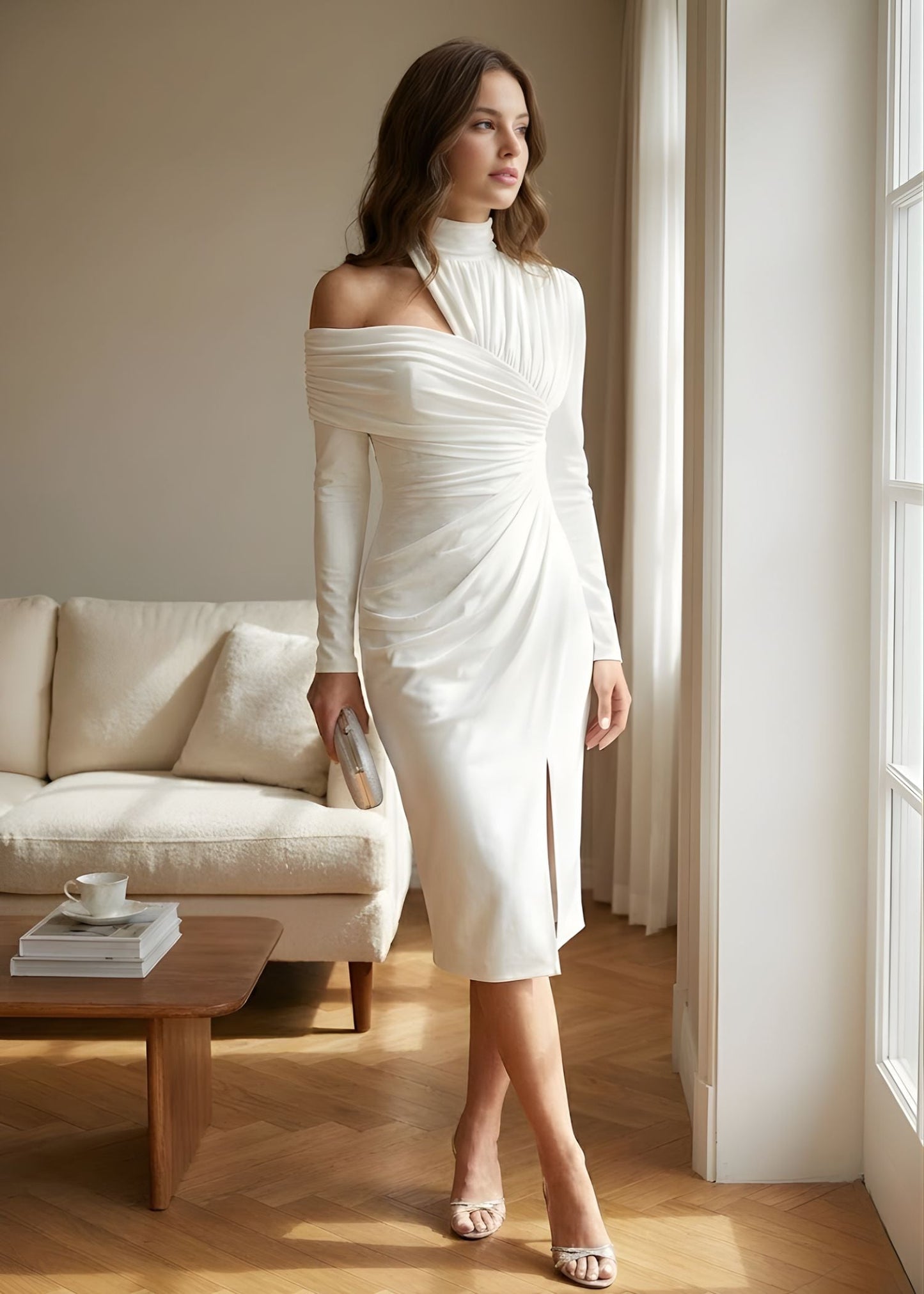Vestido midi de manga larga con un hombro al descubierto para mujer-Midi Dress-Casaluzia
