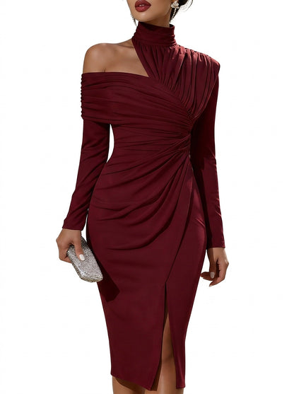 Vestido midi de manga larga con un hombro al descubierto para mujer-Midi Dress-Casaluzia