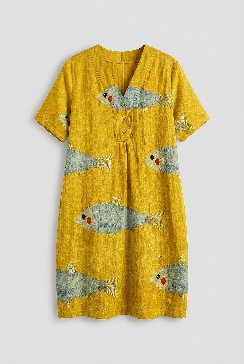 Vestido midi de mujer con cuello en V y estampado de peces-Midi Dress-Casaluzia
