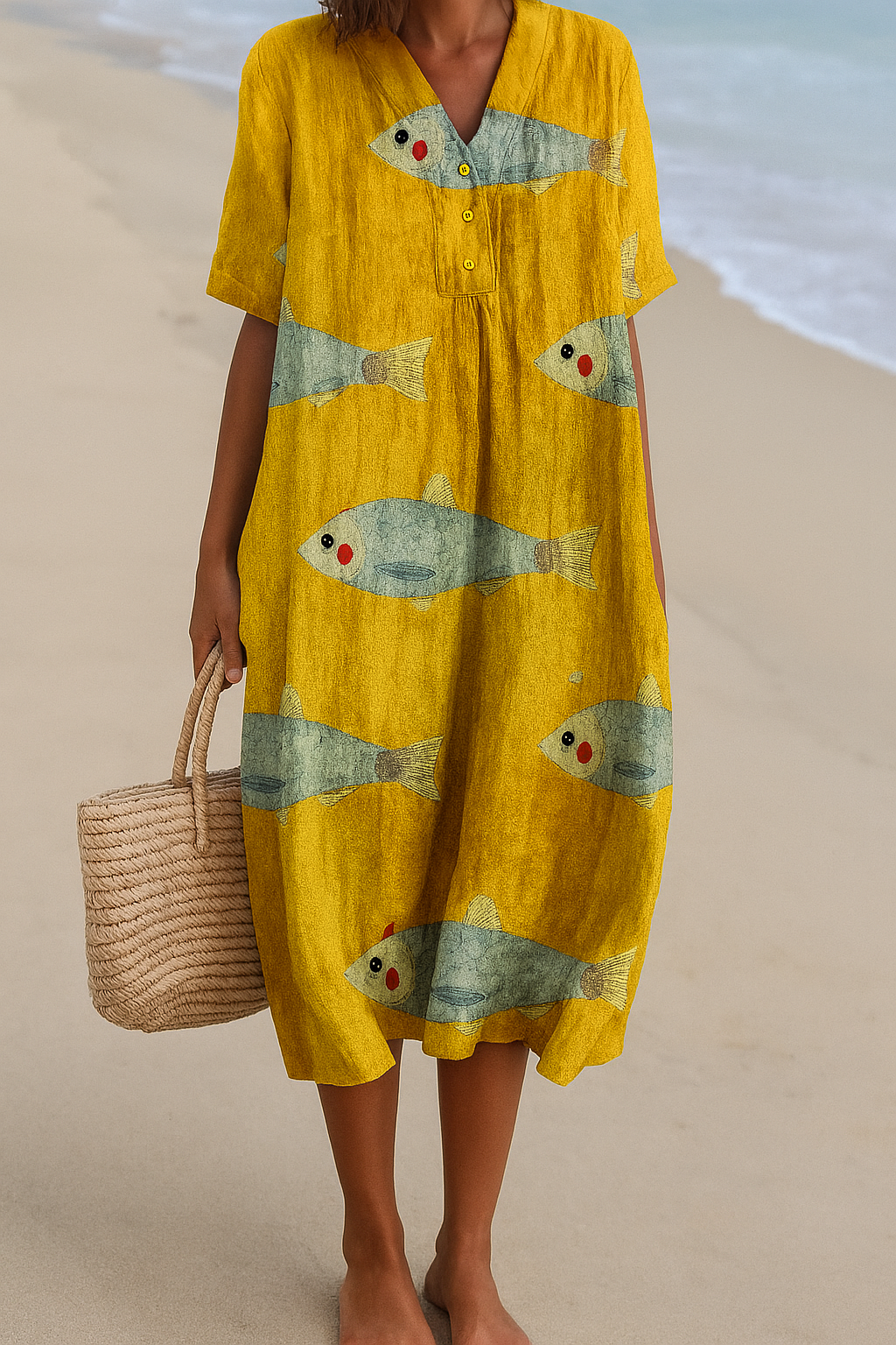 Vestido midi de mujer con cuello en V y estampado de peces-Midi Dress-Casaluzia