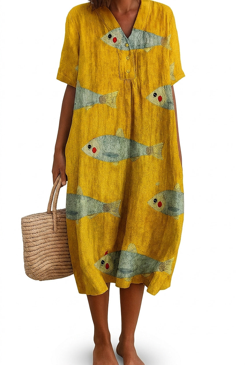Vestido midi de mujer con cuello en V y estampado de peces-Midi Dress-Casaluzia