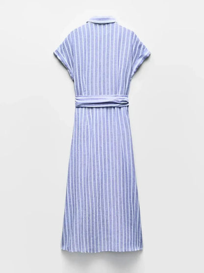Vestido Midi de Mujer con Rayas y Botones Frontales-Midi Dress-Casaluzia