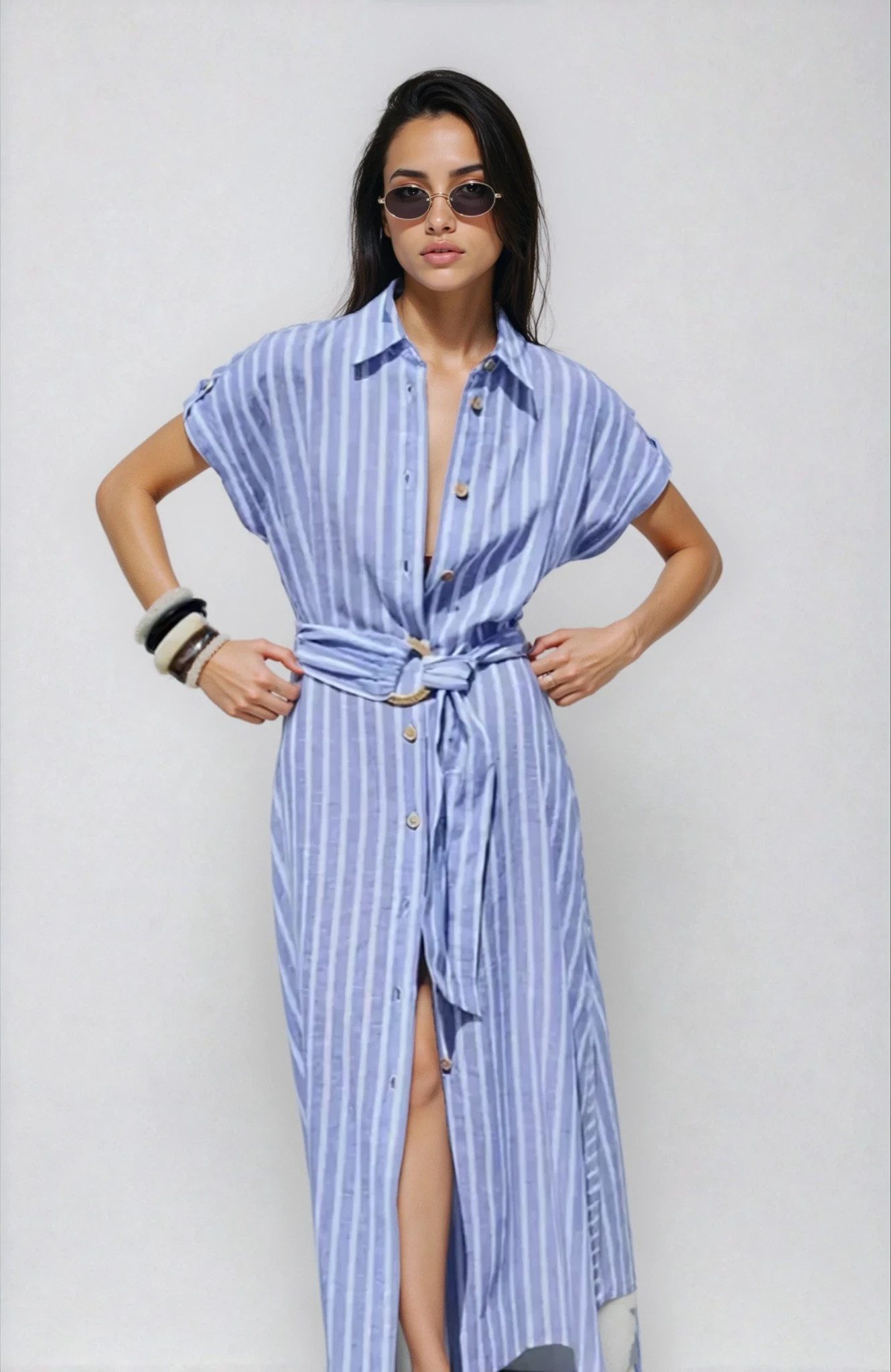 Vestido Midi de Mujer con Rayas y Botones Frontales-Midi Dress-Casaluzia