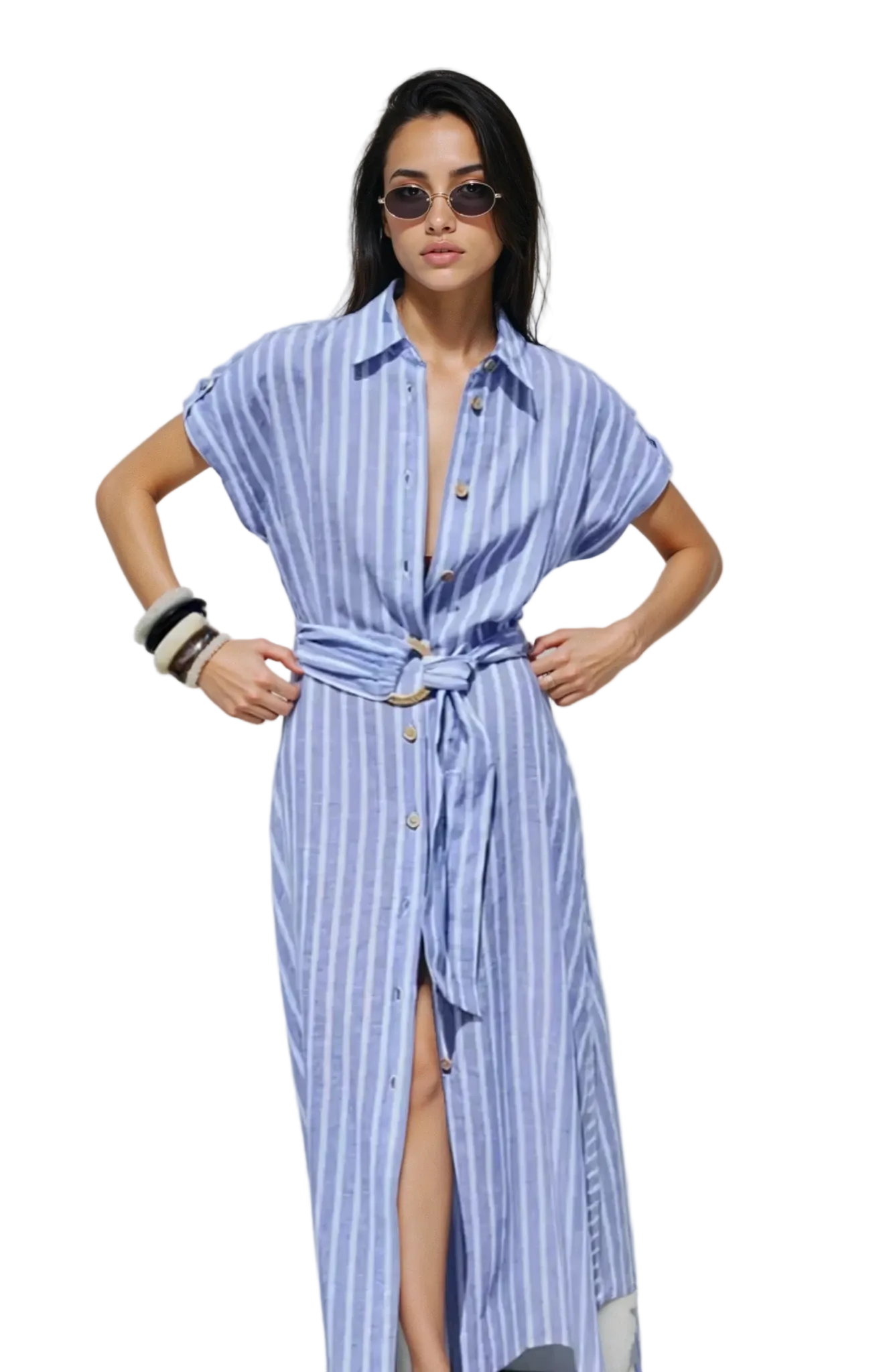Vestido Midi de Mujer con Rayas y Botones Frontales-Midi Dress-Casaluzia