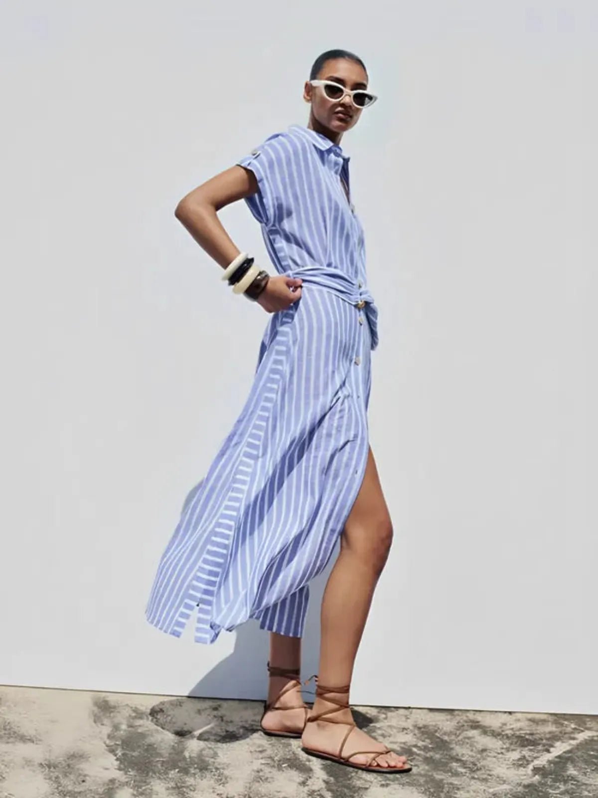 Vestido Midi de Mujer con Rayas y Botones Frontales-Midi Dress-Casaluzia