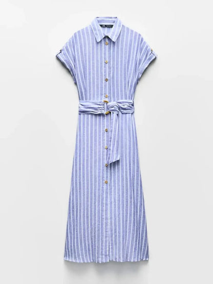 Vestido Midi de Mujer con Rayas y Botones Frontales-Midi Dress-Casaluzia