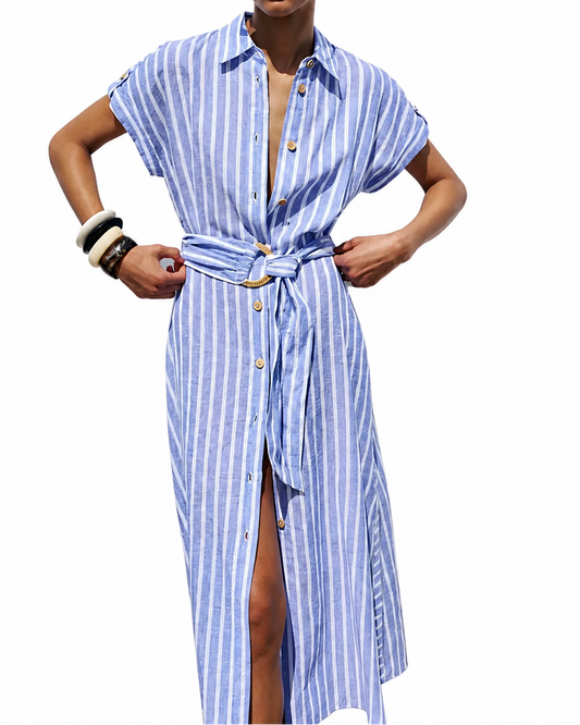 Vestido Midi de Mujer con Rayas y Botones Frontales-Midi Dress-Casaluzia