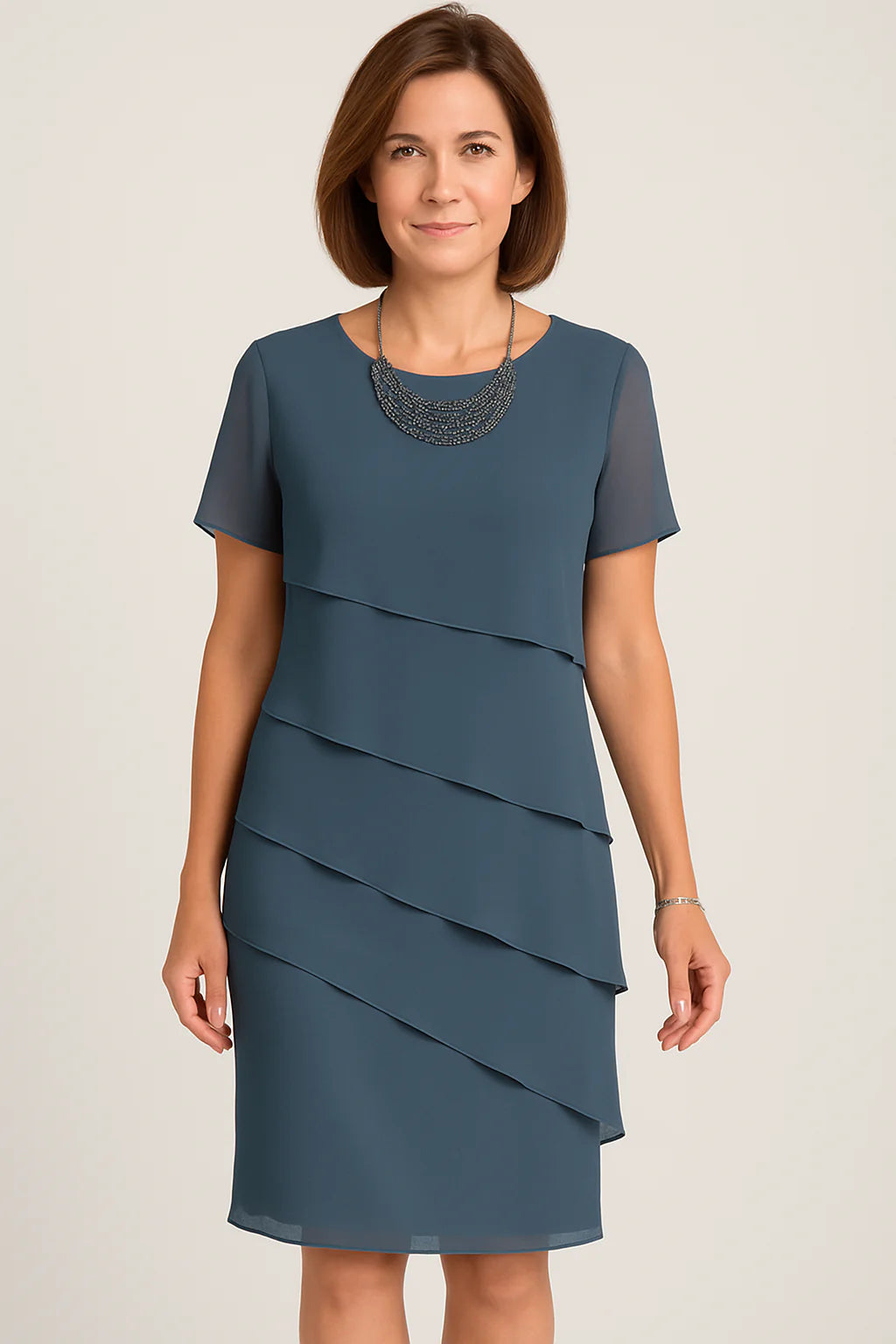 Vestido midi de mujer de manga corta con escote redondo y paneles superpuestos asimétricos-Midi Dress-Casaluzia