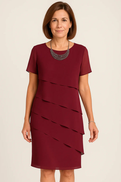Vestido midi de mujer de manga corta con escote redondo y paneles superpuestos asimétricos-Midi Dress-Casaluzia