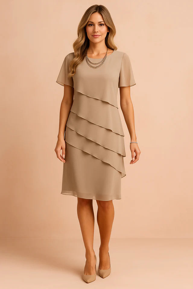Vestido midi de mujer de manga corta con escote redondo y paneles superpuestos asimétricos-Midi Dress-Casaluzia