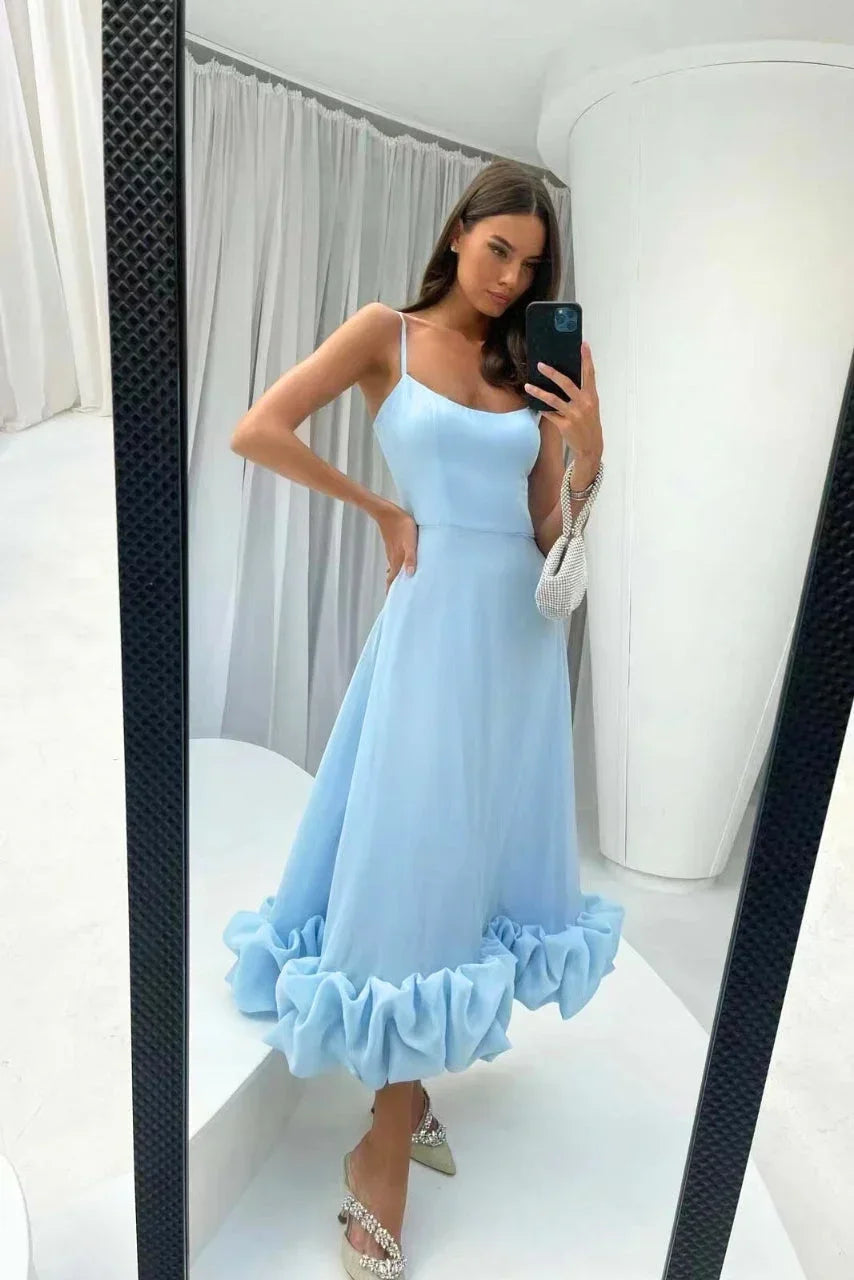 Vestido midi de tirantes finos con bajo con volantes para mujer-Maxi Dress-Casaluzia