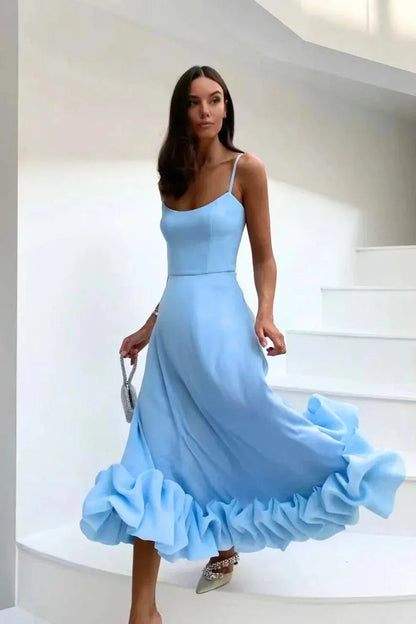 Vestido midi de tirantes finos con bajo con volantes para mujer-Maxi Dress-Casaluzia