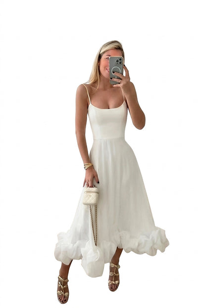 Vestido midi de tirantes finos con bajo con volantes para mujer-Maxi Dress-Casaluzia