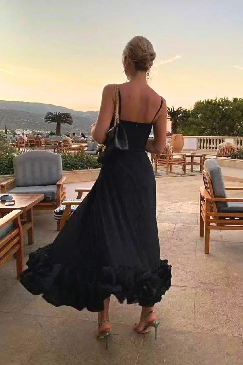 Vestido midi de tirantes finos con bajo con volantes para mujer-Maxi Dress-Casaluzia