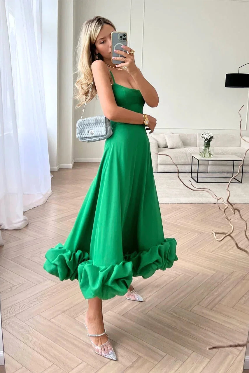 Vestido midi de tirantes finos con bajo con volantes para mujer-Maxi Dress-Casaluzia